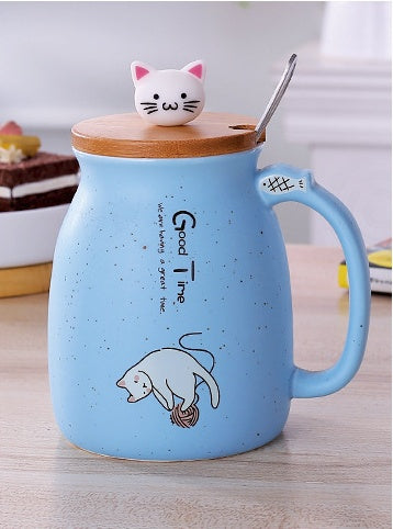 Ceramic Cartoon Cat Mug With Lid and Spoon Blue | Confetti Living