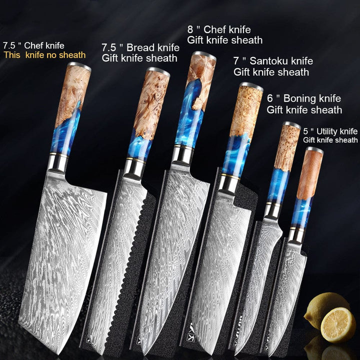 Set of 6 Japanese professional kitchen knives with 19cm Cleaver, 19cm Bread knife, 20cm Chef knife, 18cm Santoku knife, 15cm Boning knife and 12cm Universal knife with packaging sheath for each knife, except Cleaver, on a black background