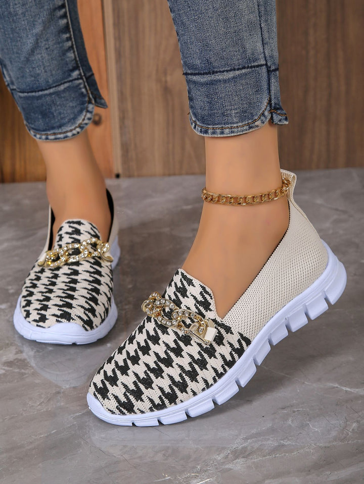 Women's Houndstooth Print Chain Mesh Loafers in Beige | Confetti Living