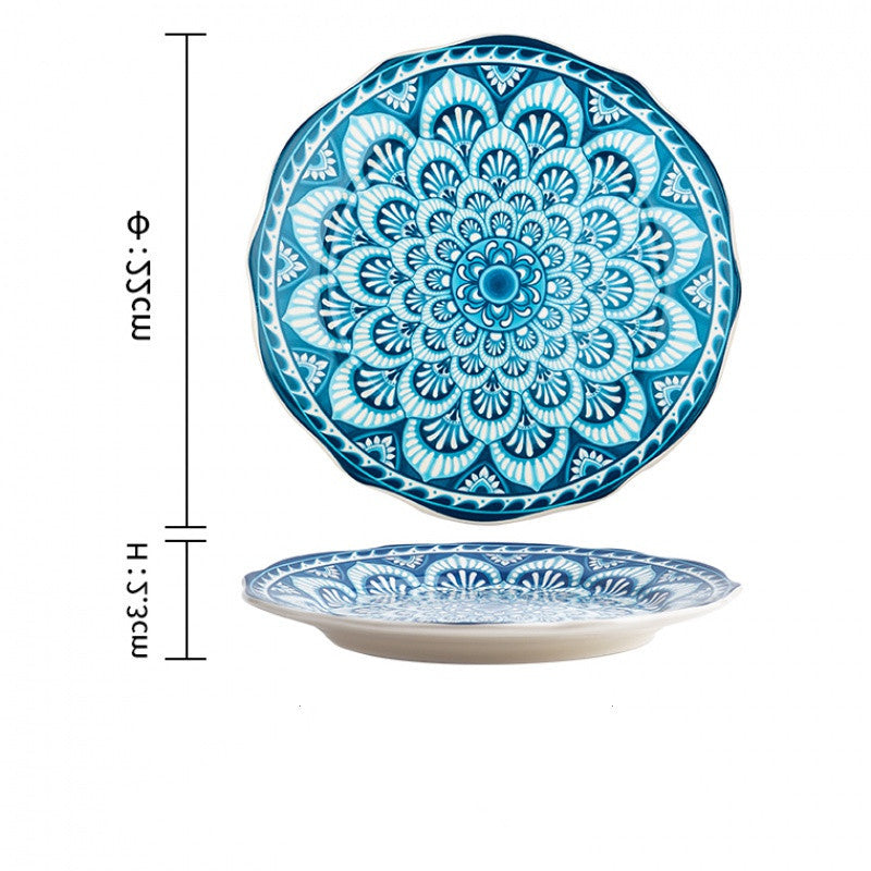 Colourful Glazed Ceramic Steak Plates showing Blue Flower Design | Confetti Living