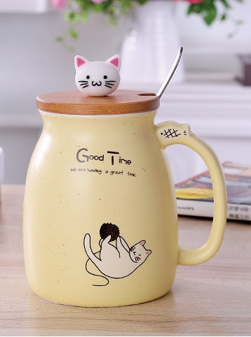 Ceramic Cartoon Cat Mug With Lid and Spoon Yellow | Confetti Living