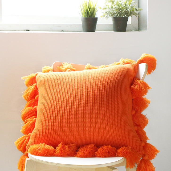 Cushion Cover Bohemian Knitted with Fringe in Orange | Confetti Living