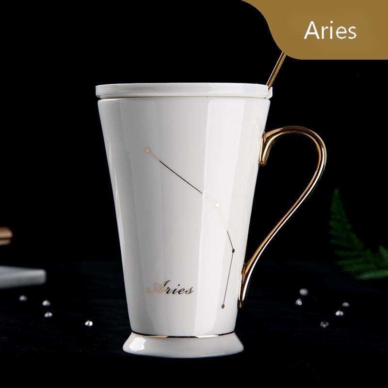 Zodiac Coffee Mugs with Lid and Spoon showing White Aries | Confetti living