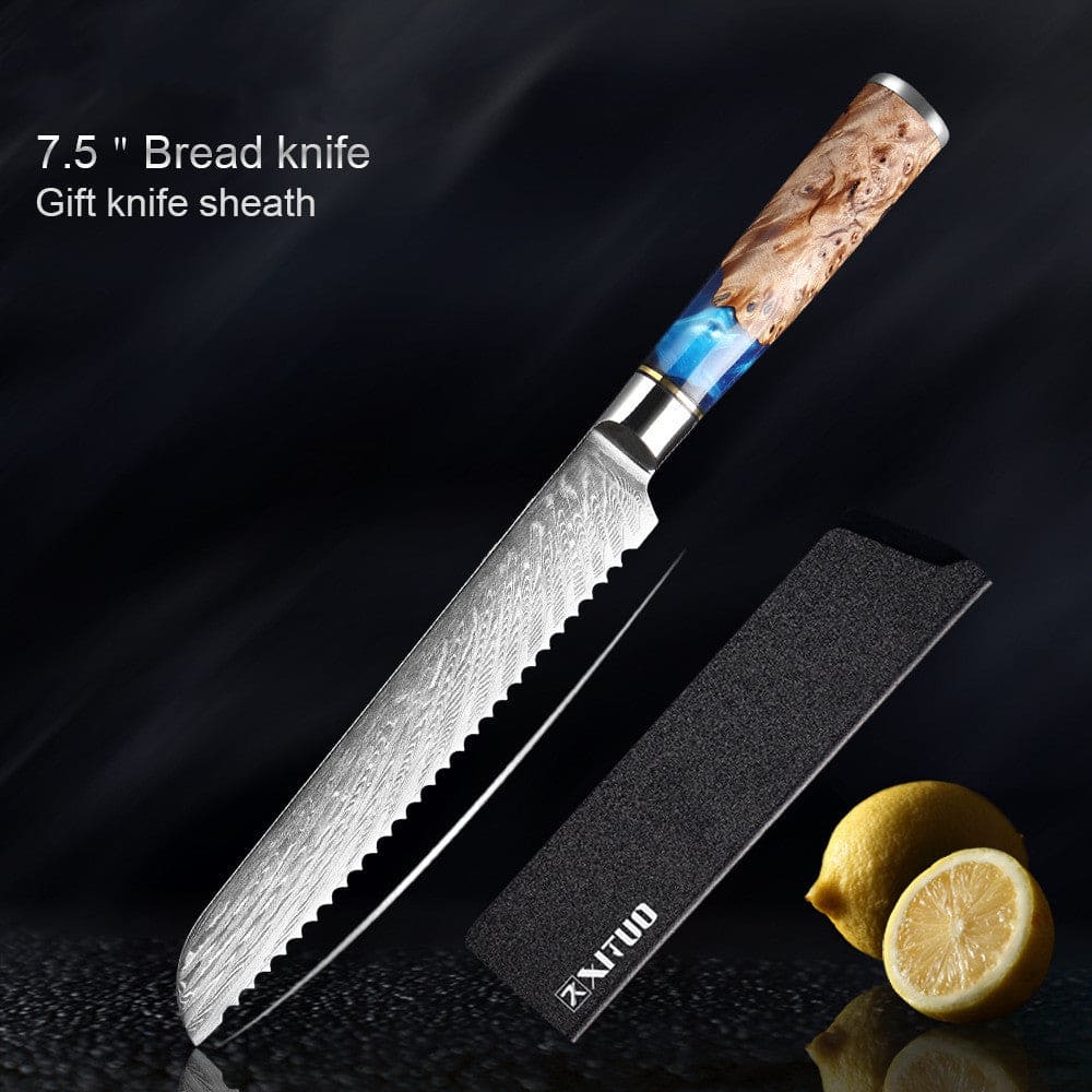 Japanese professional 19cm Bread knife and sheath showing Damascus steel blade and durable coloured resin and wood handle on a black background