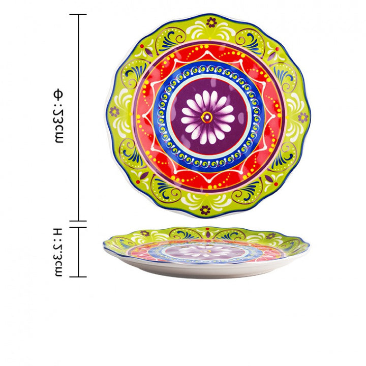 Colourful Glazed Ceramic Steak Plates showing Yellow Lace Design | Confetti Living