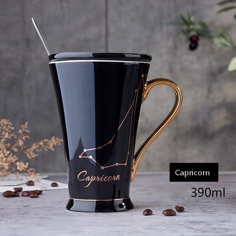 Zodiac Coffee Mugs with Lid and Spoon showing Black Capricorn | Confetti living