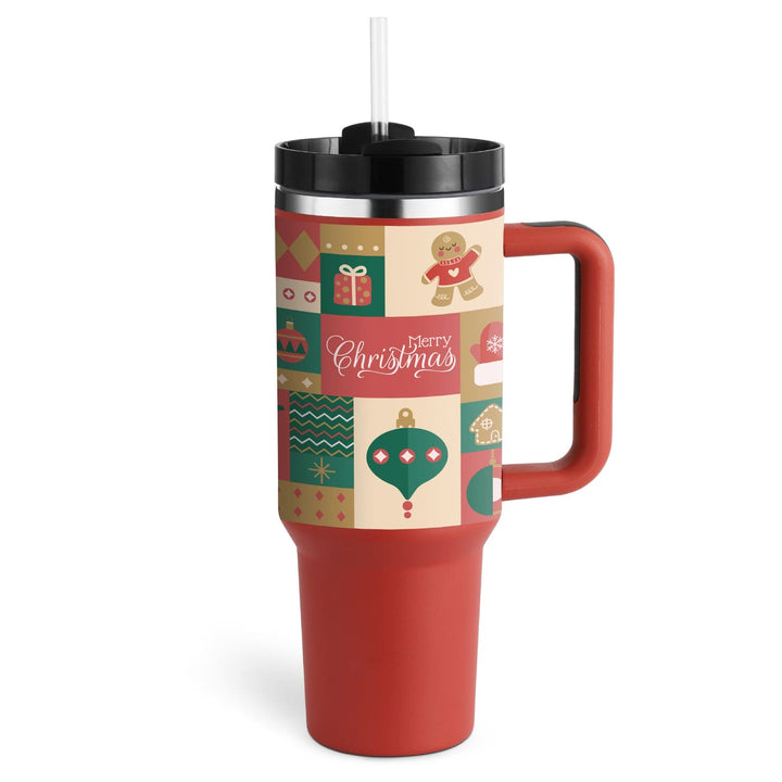 Red travel mug with Christmas-themed design on a white background