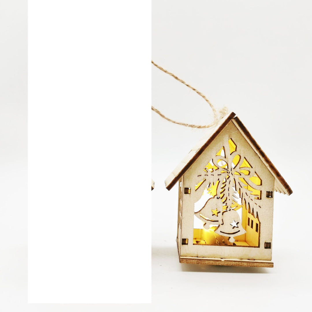 Christmas Decorations Hanging Wooden Small House with Lights showing Bells | Confetti Living