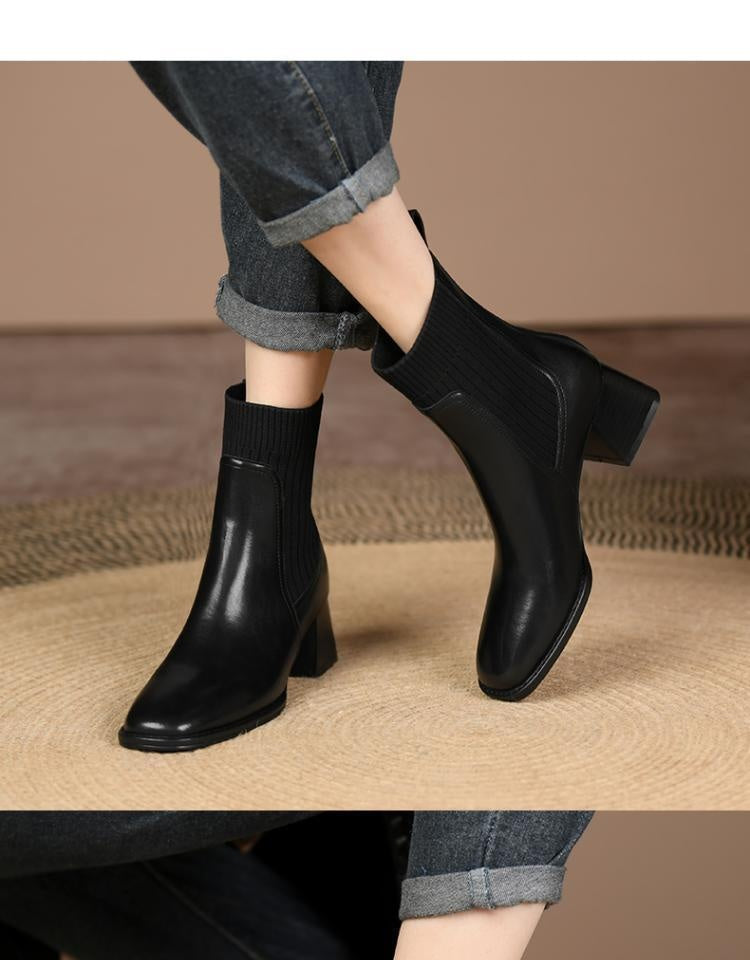 Womens French Vintage Chunky Heel Ankle Boots