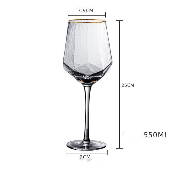 Diamond Crystal Wine and Champagne Glasses showing Red Wine Glass with Gold Rim and dimensions | Confetti Living