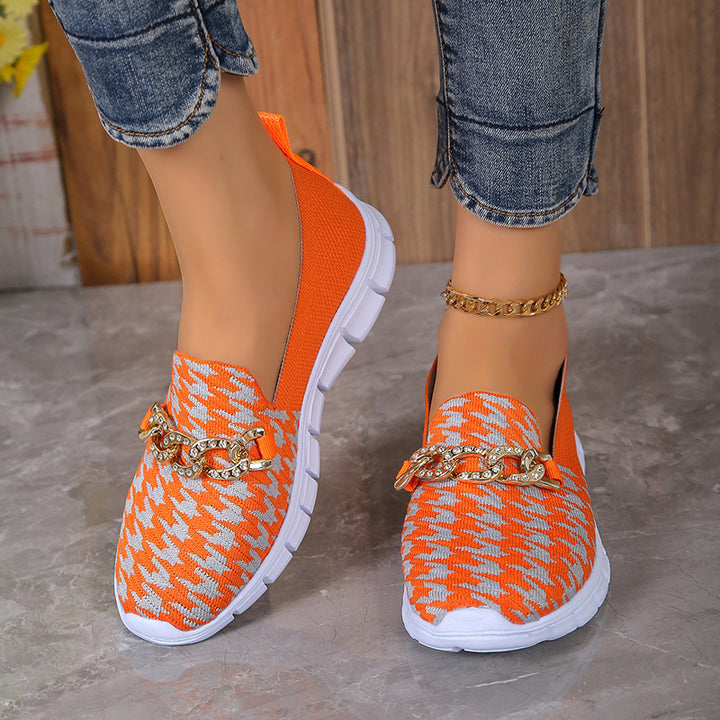 Women's Houndstooth Print Chain Mesh Loafers in Orange Red | Confetti Living