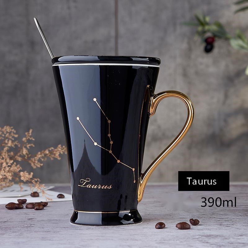 Zodiac Coffee Mugs with Lid and Spoon showing Black Taurus | Confetti living