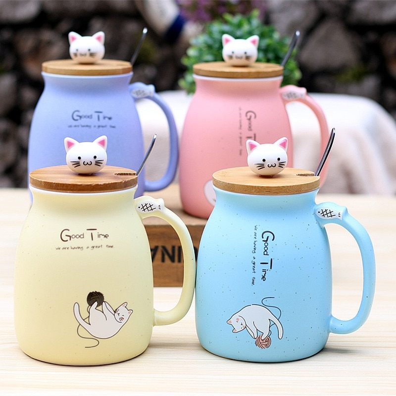 Ceramic Cartoon Cat Mug With Lid and Spoon | Confetti Living