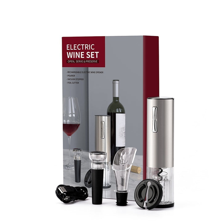 Home Bar Electric Bottle Opener with Accessories showing Silver Set | Confetti Living