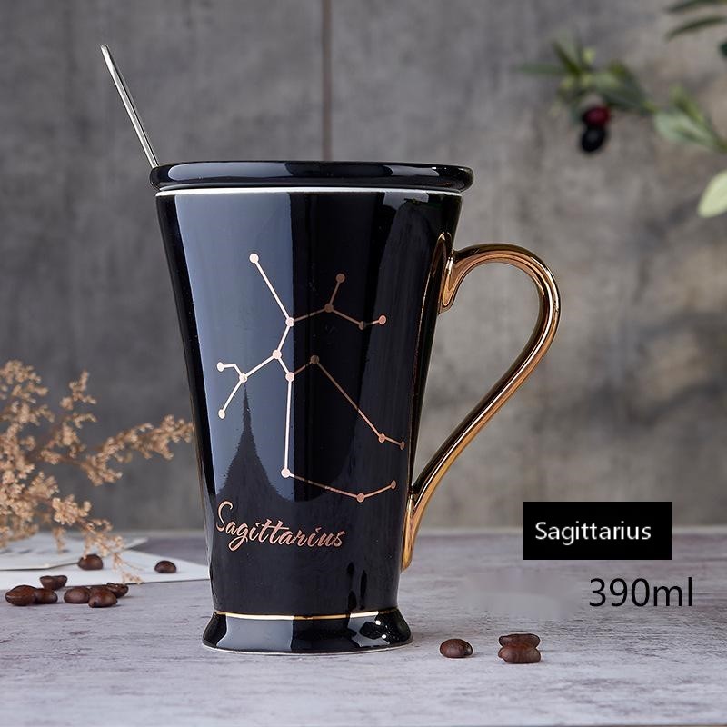 Zodiac Coffee Mugs with Lid and Spoon showing Black Saggitarius | Confetti living