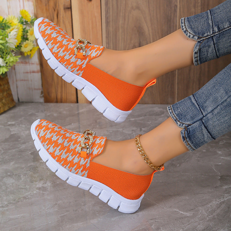 Women's Houndstooth Print Chain Mesh Loafers in Orange Red | Confetti Living