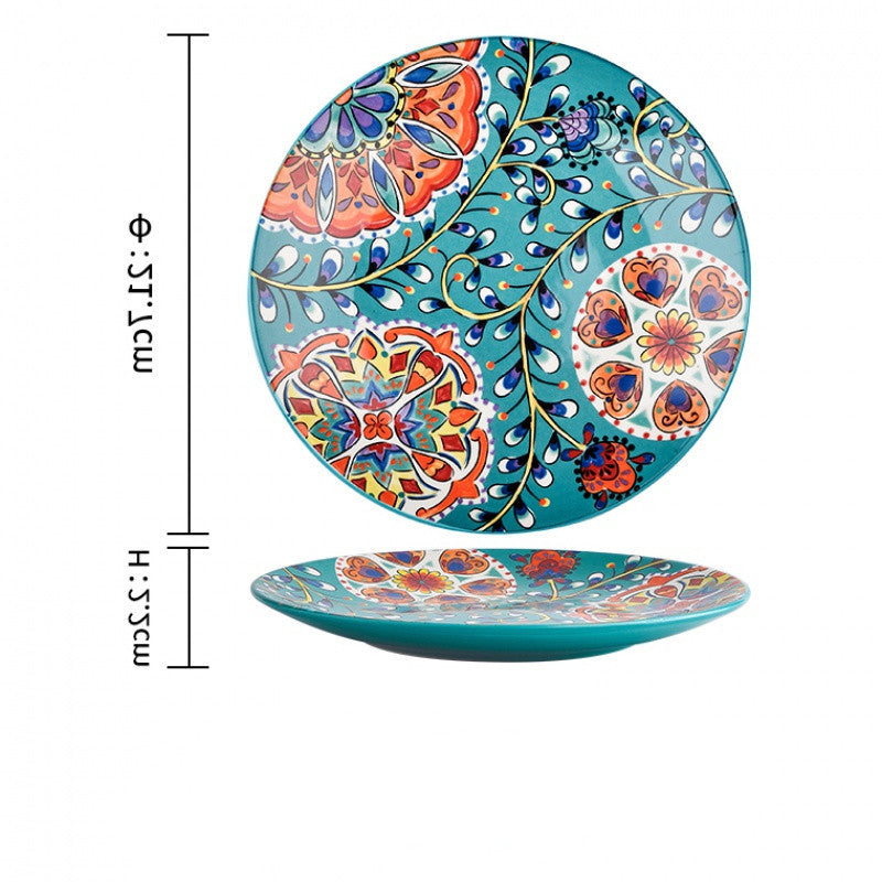 Colourful Glazed Ceramic Steak Plates showing Blue Peacock Design | Confetti Living