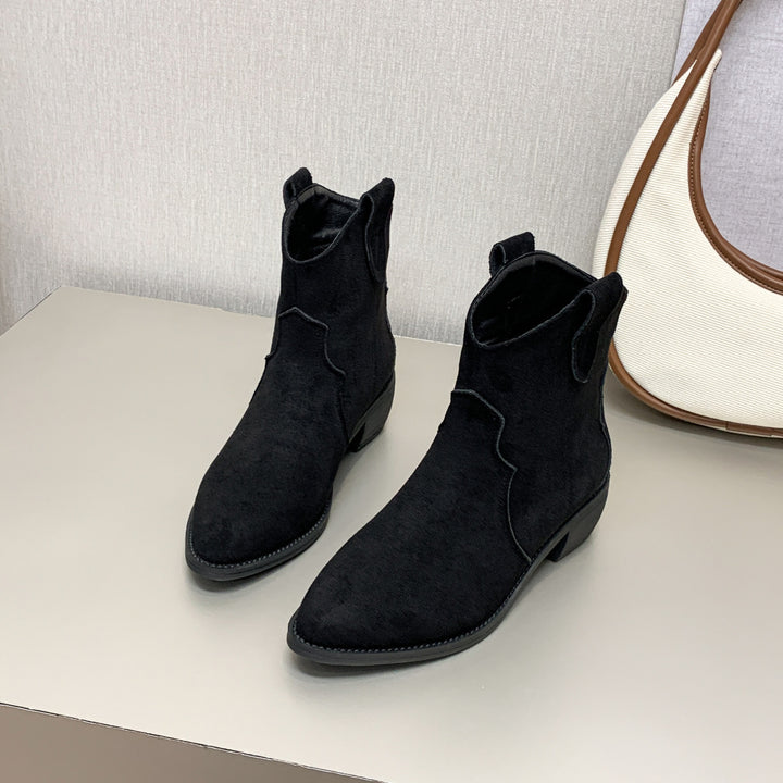 Women's Suede Pointed Toe Cowboy Boots in Black | Confetti Living