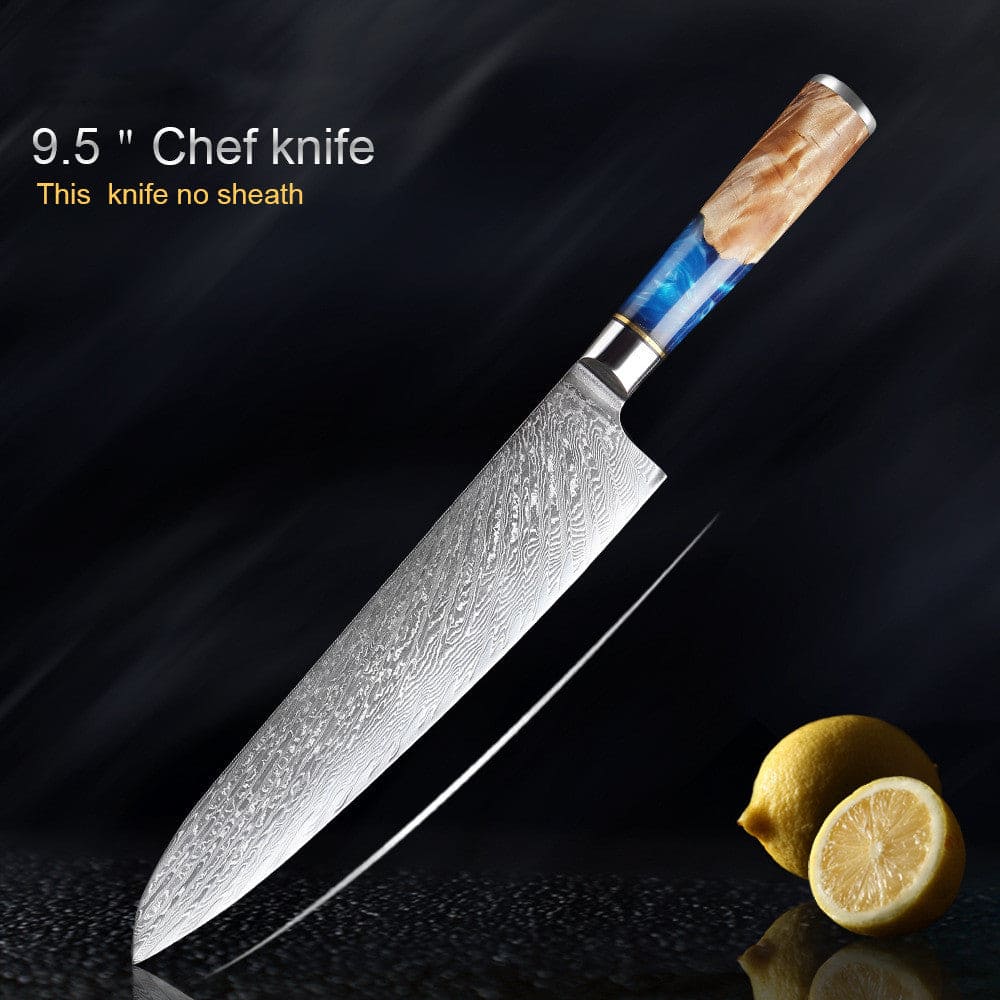 Japanese professional 24cm Chef knife showing Damascus steel blade and durable coloured resin and wood handle on a black background