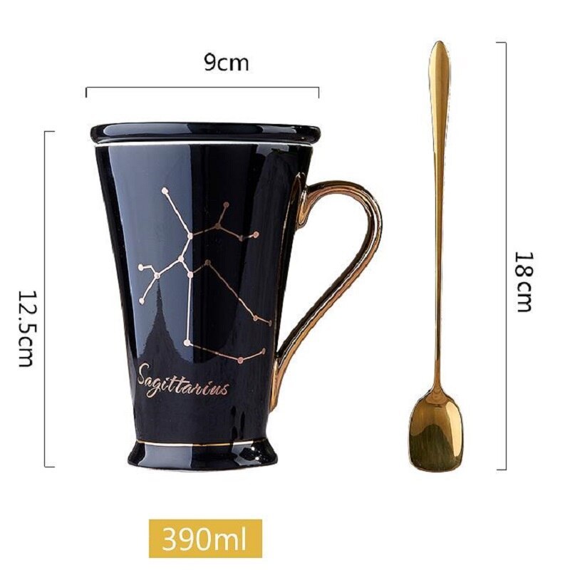 Zodiac Coffee Mugs with Lid and Spoon showing dimensions | Confetti living