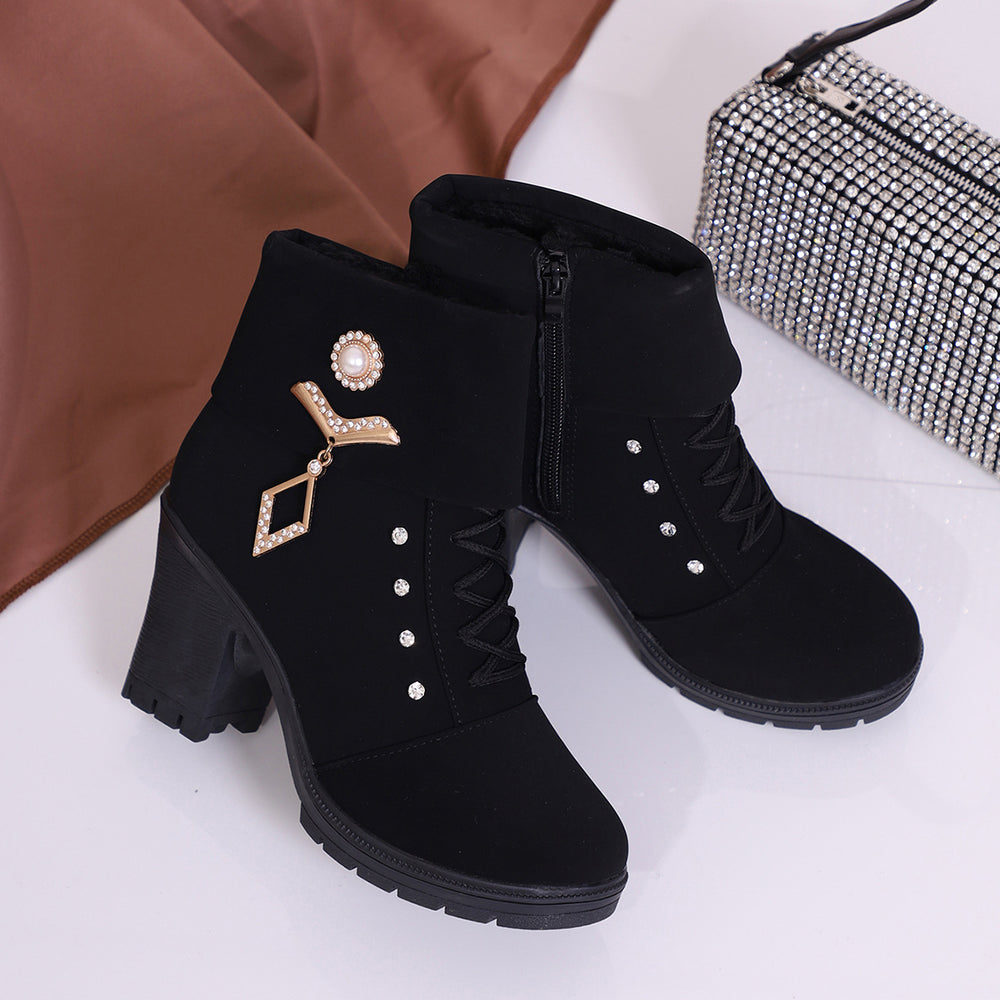 Women's Black Martin boots with rhinestone elements on a white background | Confetti Living