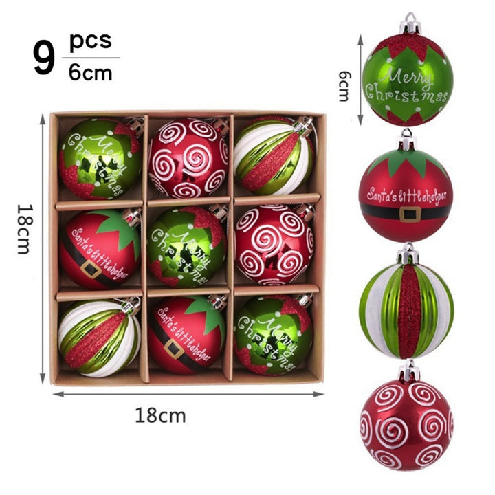 Boxed set of Christmas Hanging Baubles in Red, Green White designs showing box and bauble dimensions