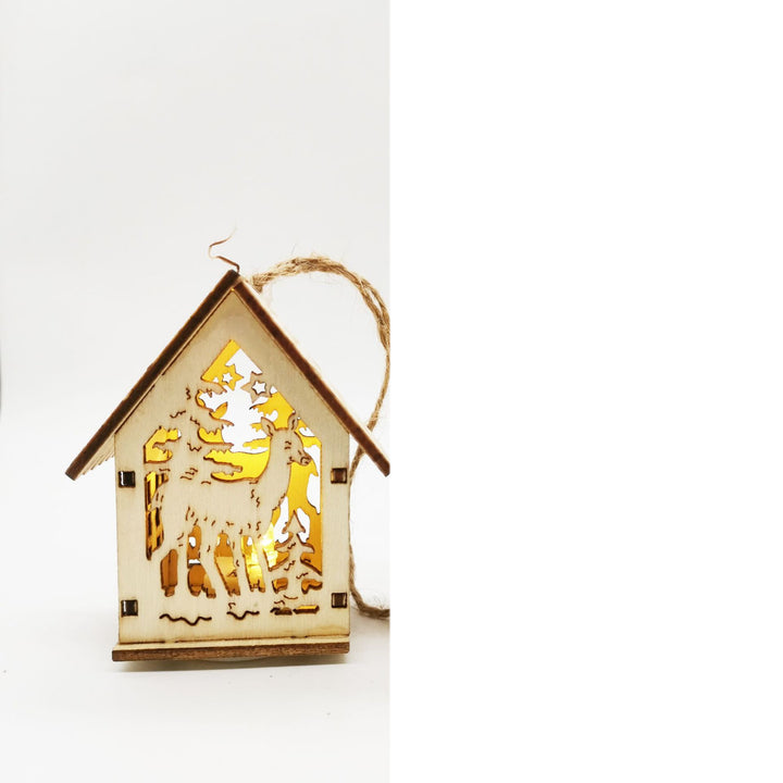 Christmas Decorations Hanging Wooden Small House with Lights showing Deer | Confetti Living