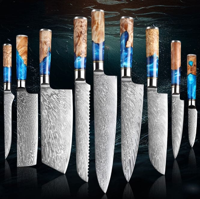 Set of 9 Japanese professional kitchen knives with 15cm Boning knife, 18cm Nakiri knife, 19cm Cleaver, 19cm Bread knife, 24cm Chef knife, 20cm Chef knife, 20cm Santoku knife, 12cm Universal knife and 9cm Paring knife on a dark background 