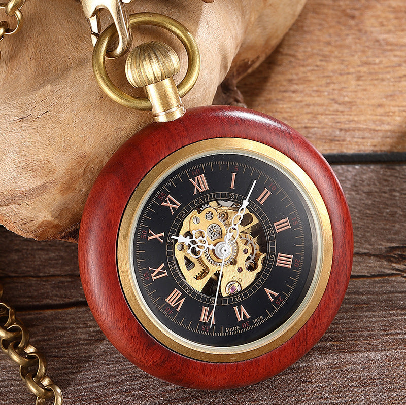 Antique Red Copper and Wood Mechanical Pocket Watch