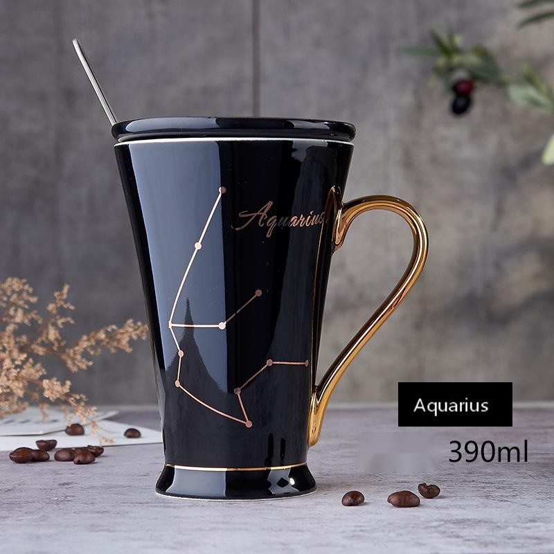 Zodiac Coffee Mugs with Lid and Spoon showing Black Aquarius | Confetti living