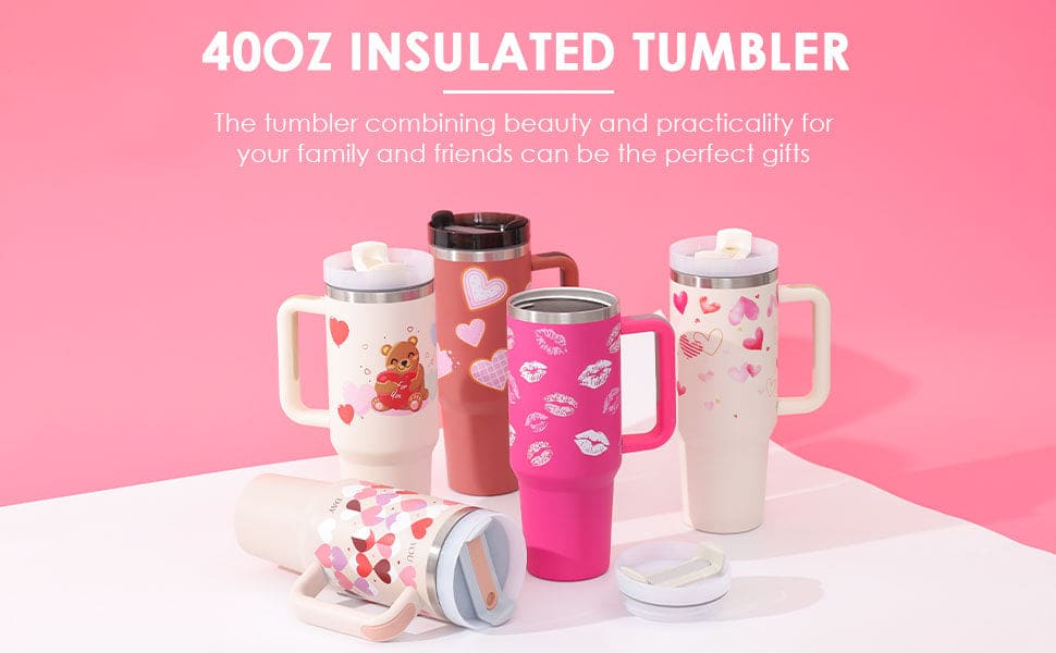 Set of insulated tumblers with decorative designs on a pink background