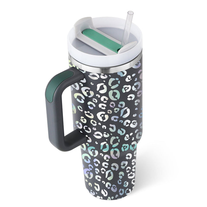 Travel mug with black leopard print pattern on a white background