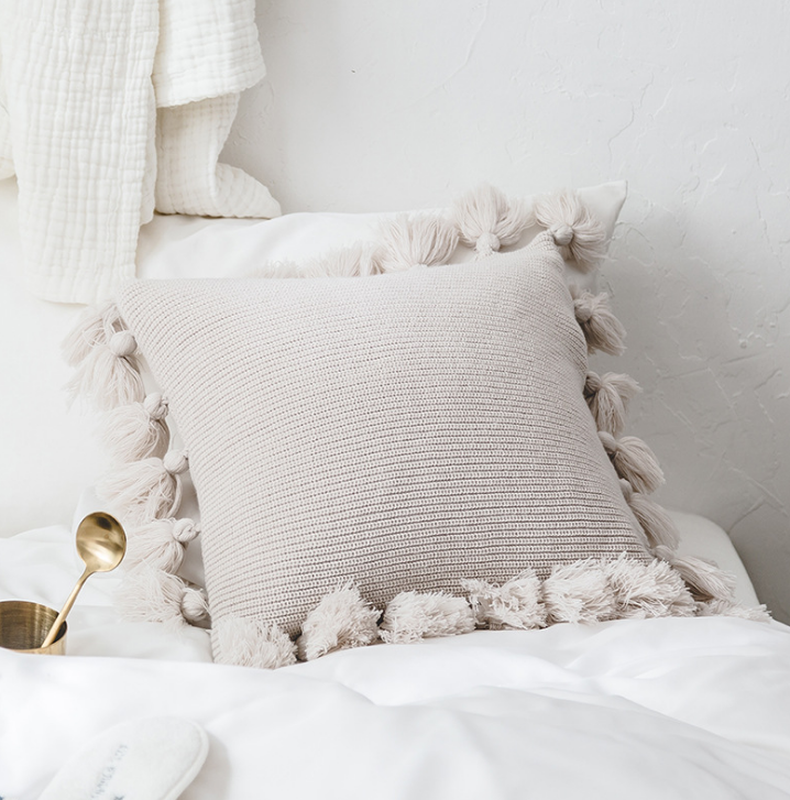 Cushion Cover Bohemian Knitted with Fringe in Beige | Confetti Living