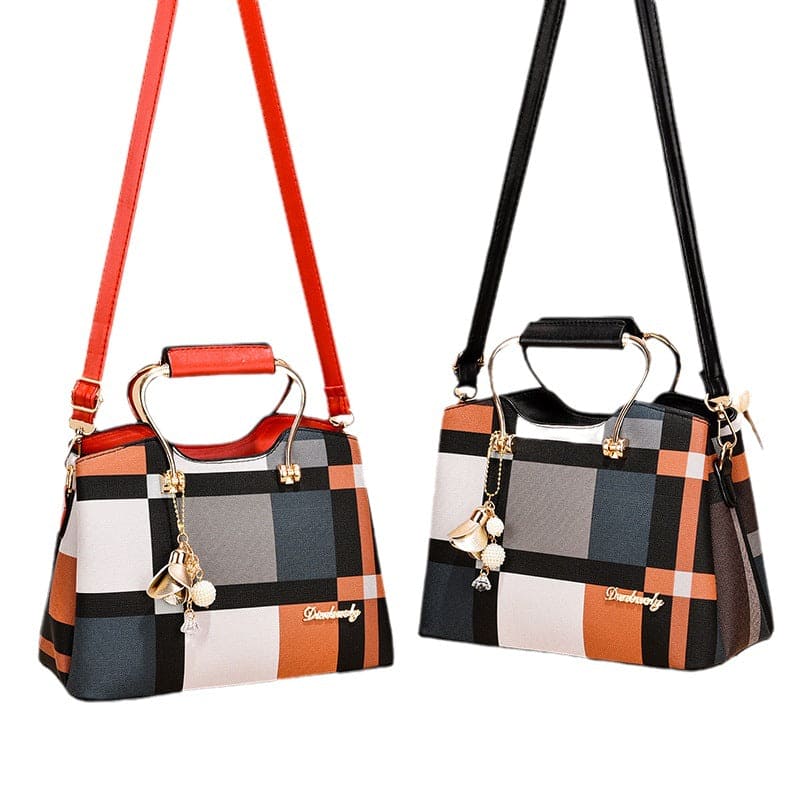 Two checkered handbags with different shoulder strap colours on a white background