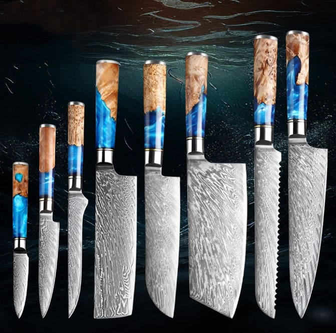 Set of 8 Japanese professional kitchen knives with 9cm Paring knife, 12cm Universal knife, 15cm Boning knife, 18cm Nakiri knife,  20cm Santoku knife, 19cm Cleaver, 19cm Bread knife, and 20cm Chef knife on a dark background 