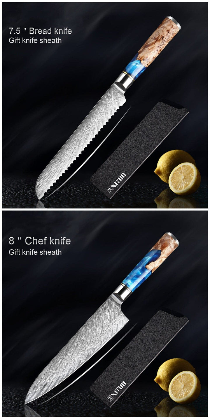 A Japanese professional 19cm Bread knife and sheath and a Japanese professional 20cm Chef knife and sheath showing Damascus steel blade and durable coloured resin and wood handle on a black background