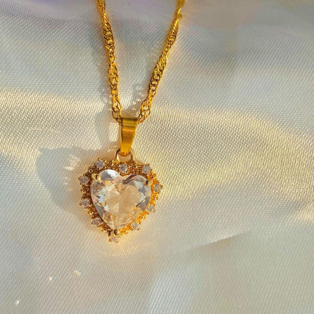 Colourful Rhinestones Heart Necklace With Gold Chain in White | Confetti Living