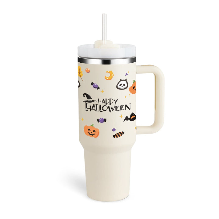 White tumbler with Halloween-themed design and 'Happy Halloween' text on a white background