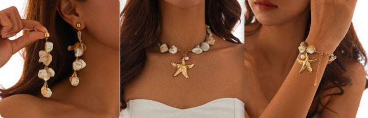 Close-up of a woman wearing pearl and starfish jewelry set with earrings and a necklace.