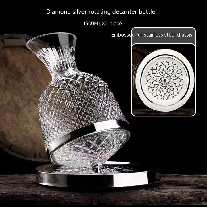 Home Bar Luxury Glass Gyro Wine Decanter showing Silver Decanter details | Confetti Living