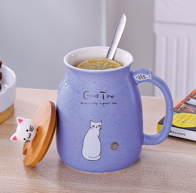 Ceramic Cartoon Cat Mug With Lid and Spoon Purple | Confetti Living