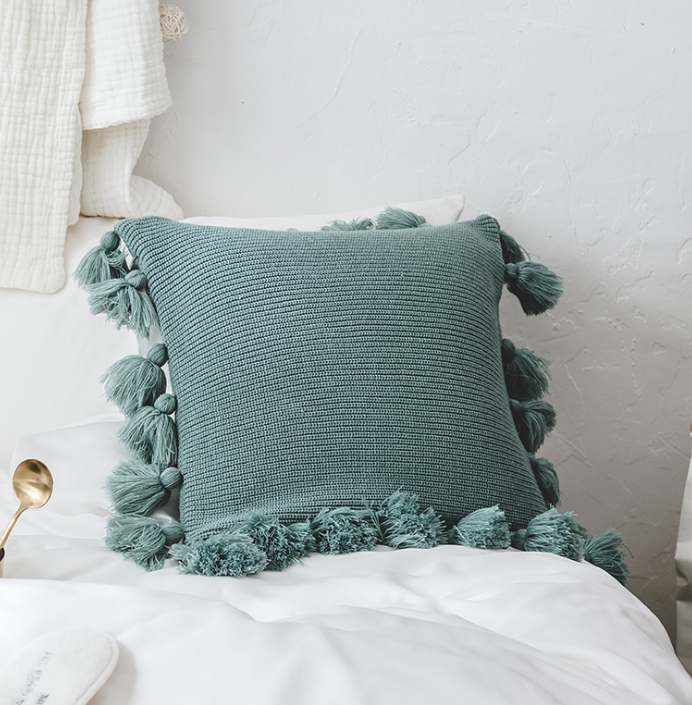 Cushion Cover Bohemian Knitted with Fringe in Green | Confetti Living