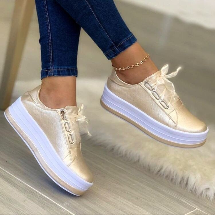 Women's Fashion Lace-up Flat Sneakers in Gold | Confetti Living