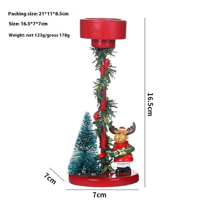 Decorative Christmas candle holder with measurements and product details.