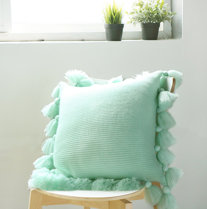 Cushion Cover Bohemian Knitted with Fringe in Mint Green | Confetti Living