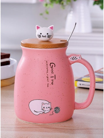 Ceramic Cartoon Cat Mug With Lid and Spoon Pink | Confetti Living