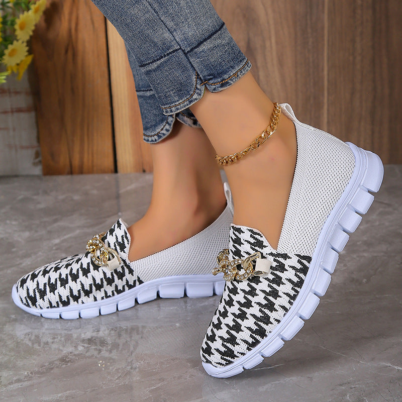 Women's Houndstooth Print Chain Mesh Loafers