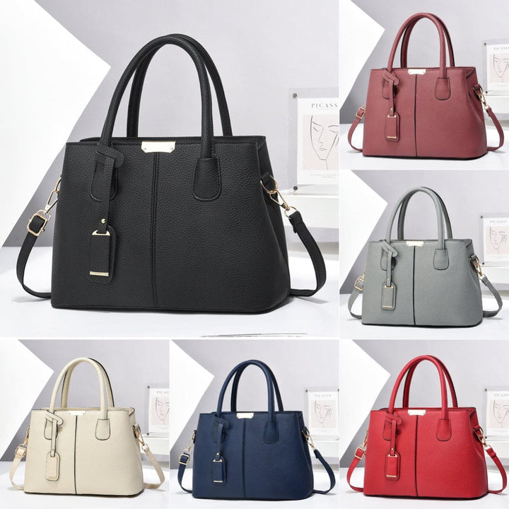 Collage of black, red, blue, beige,pink and grey handbags on a white background.