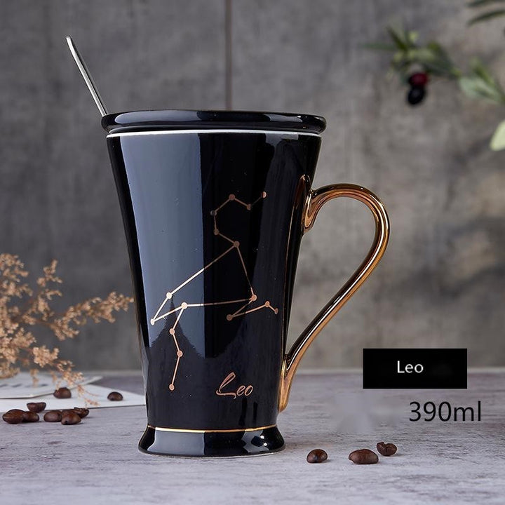 Zodiac Coffee Mugs with Lid and Spoon showing Black Leo | Confetti living