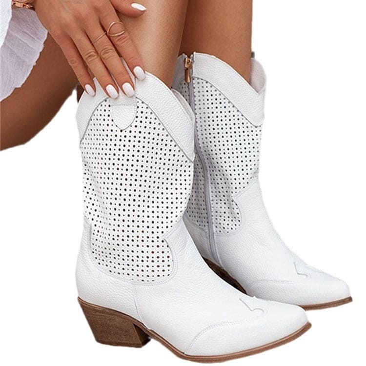 Women's Mid-heel Mesh Suede Boots in White | Confetti Livng